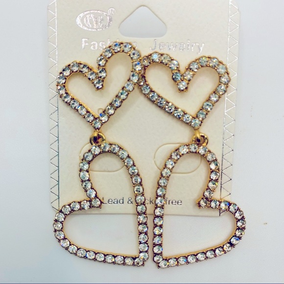 Earrings Crystal Drop Hearts set in Golden tone. Pierced - Picture 4 of 8